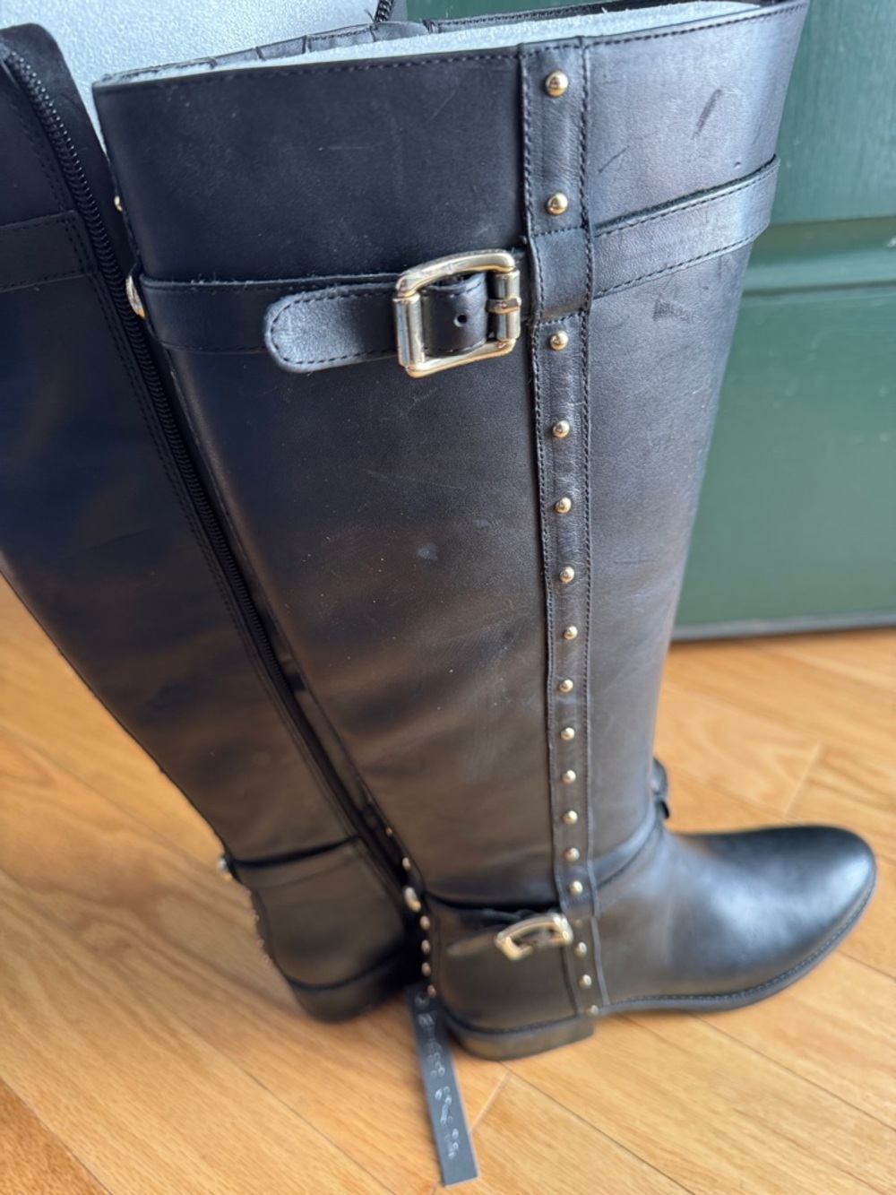 Vince Camuto Black Studded Leather Knee-High Riding Boots